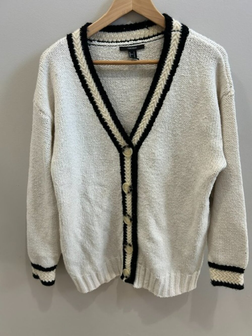 Forever 21 Cream Cardigan Black Herringbone Trim Varsity Style M